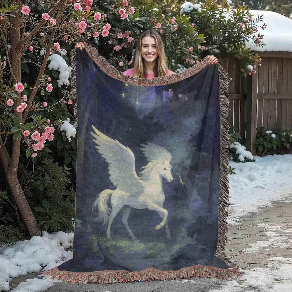 Premium Woven Cotton Throw – White Pegasus under Starry Sky in Mystical Forest