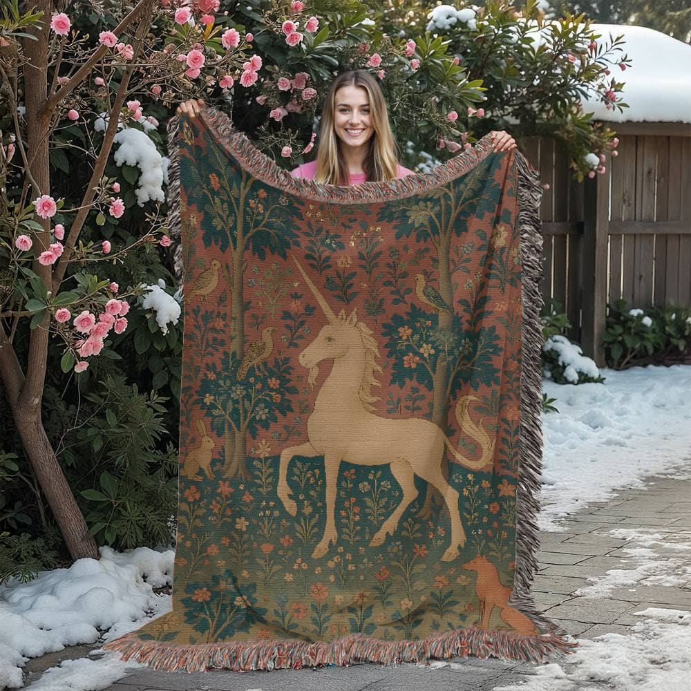Premium Woven Cotton Throw – Enchanted Forest Unicorn and Fox Surrounded by Birds and Blossoms