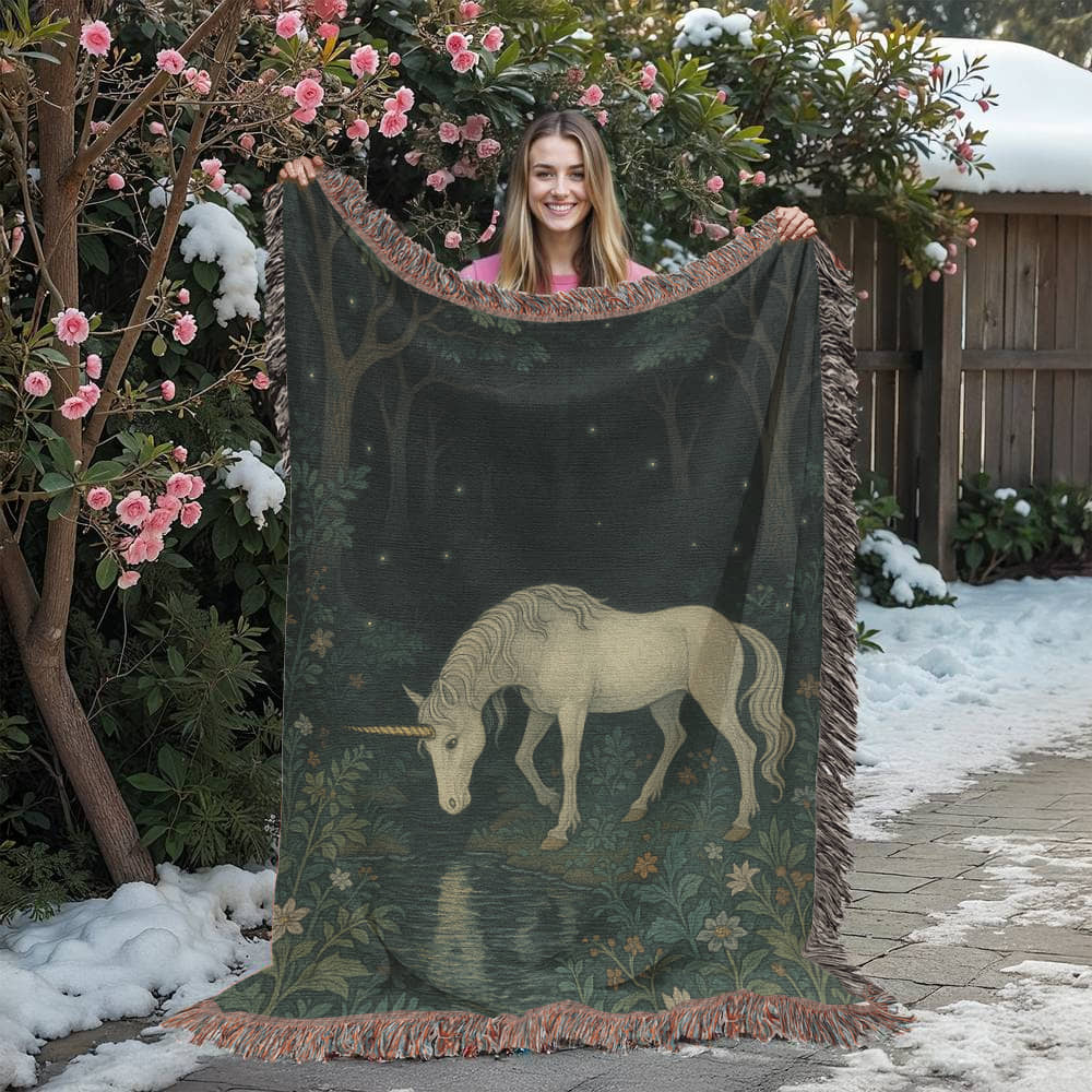 Premium Woven Cotton Throw – Unicorn in Dark Forest by Flowered Stream