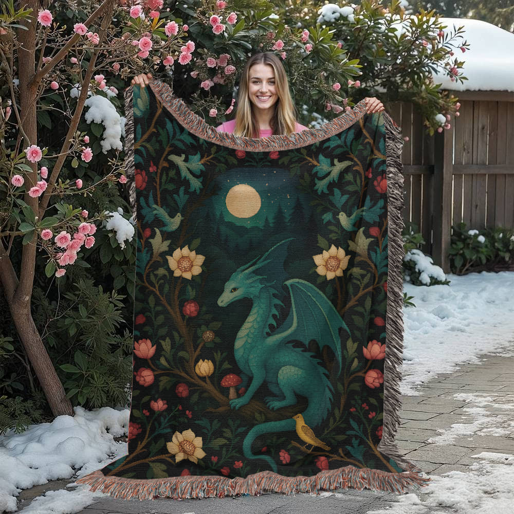100% Cotton Woven Blanket – Magical Dragon in Moonlit Woodland Scene