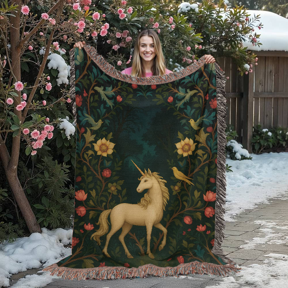 Premium Woven Cotton Throw – Enchanted Forest Unicorn Surrounded by Birds and Blossoms