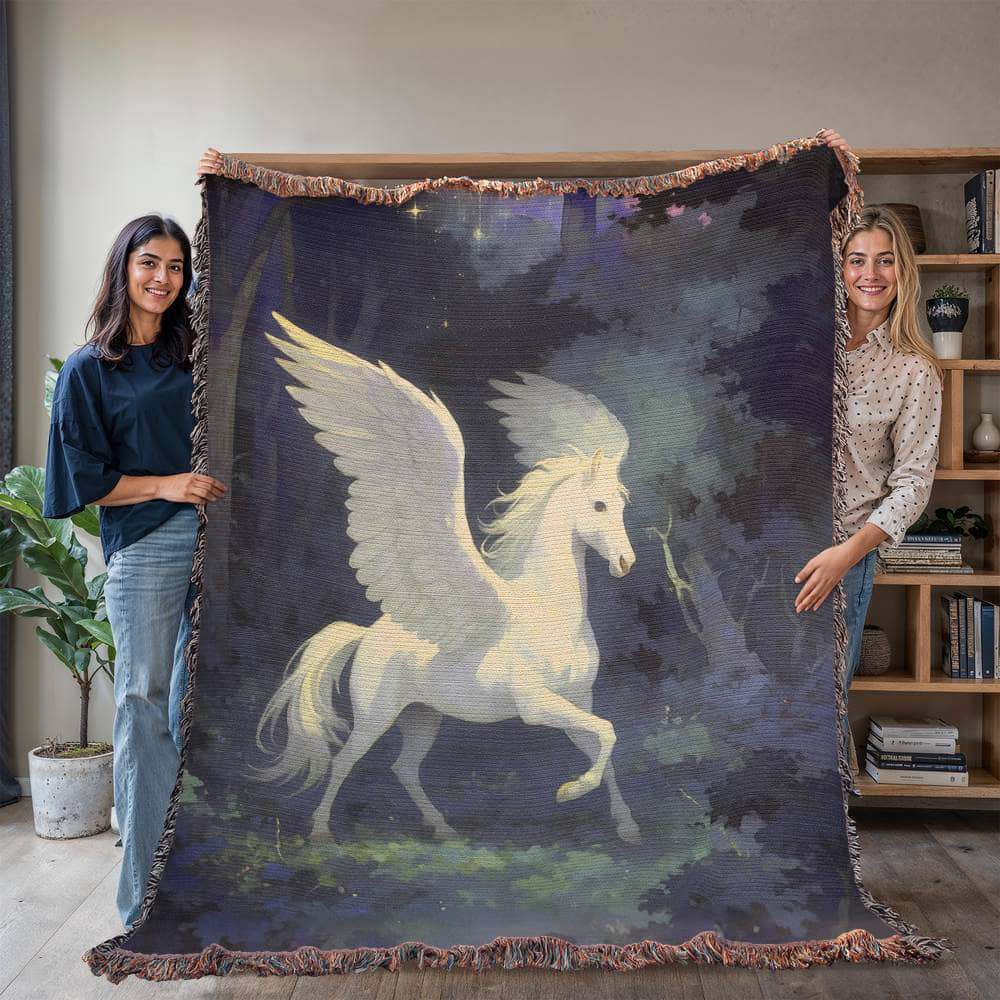 Premium Woven Cotton Throw – White Pegasus under Starry Sky in Mystical Forest