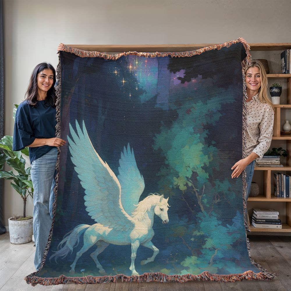 Woven Cotton Blanket – Fantasy White Pegasus in Moonlit Enchanted Forest
