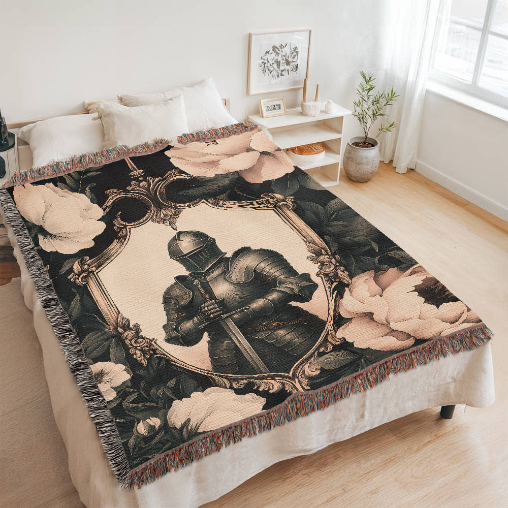 Premium Woven Cotton Throw – Knight Holding Sword in Heraldic Shield Frame