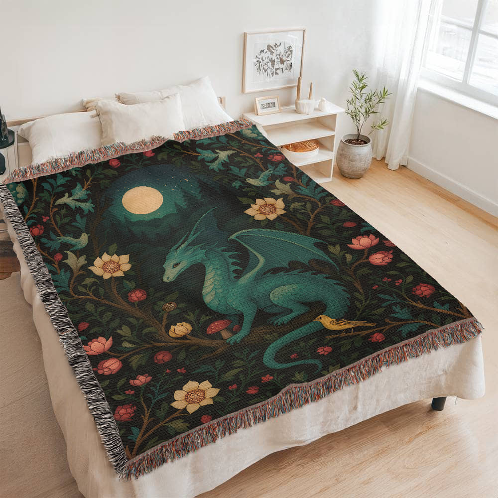 100% Cotton Woven Blanket – Magical Dragon in Moonlit Woodland Scene