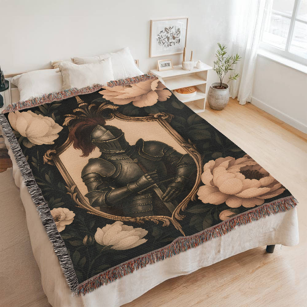 100% Cotton Woven Blanket – Medieval Knight with Sword Inside Shield Frame