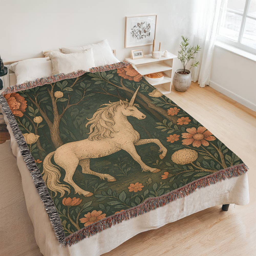 100% Cotton Woven Blanket – Magical Unicorn among Woodland Flowers