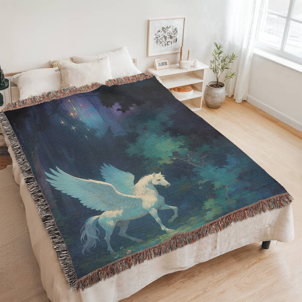 Woven Cotton Blanket – Fantasy White Pegasus in Moonlit Enchanted Forest