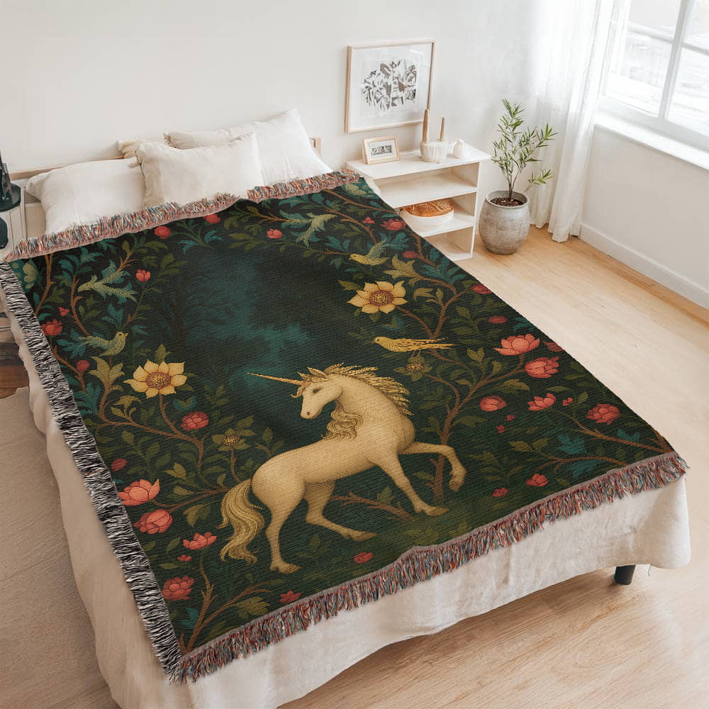 Premium Woven Cotton Throw – Enchanted Forest Unicorn Surrounded by Birds and Blossoms