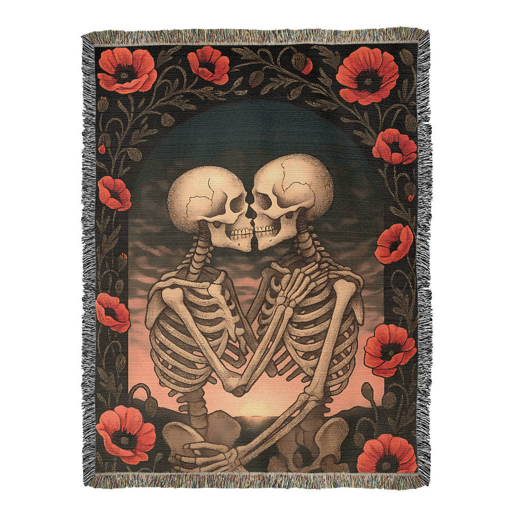 Woven Cotton Blanket – Enchanted Skeleton Couple in Poppy Flowers at Sunset
