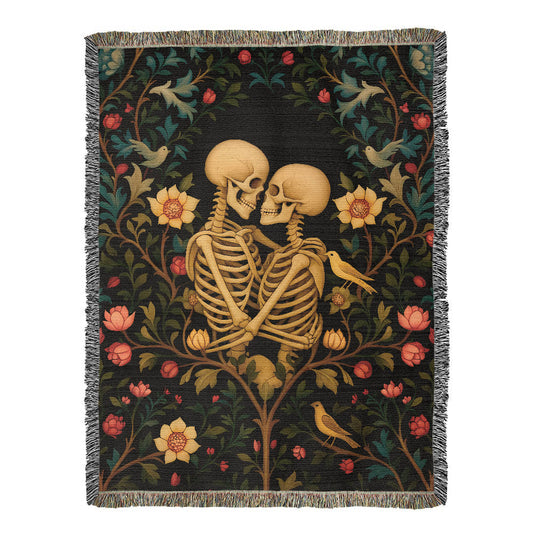 Premium Woven Cotton Throw – Skeleton Lovers in Enchanted Floral Border