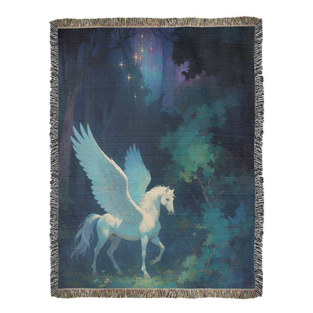 Woven Cotton Blanket – Fantasy White Pegasus in Moonlit Enchanted Forest