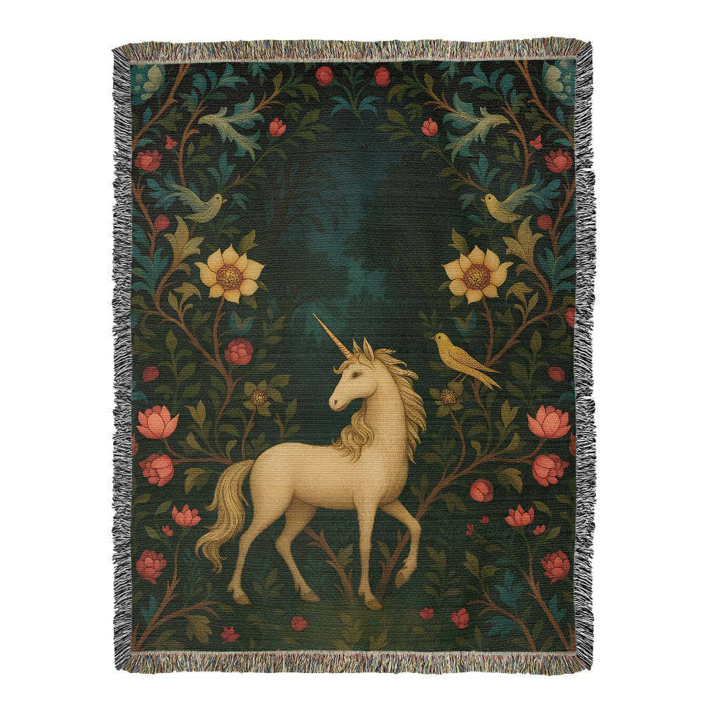 Premium Woven Cotton Throw – Enchanted Forest Unicorn Surrounded by Birds and Blossoms