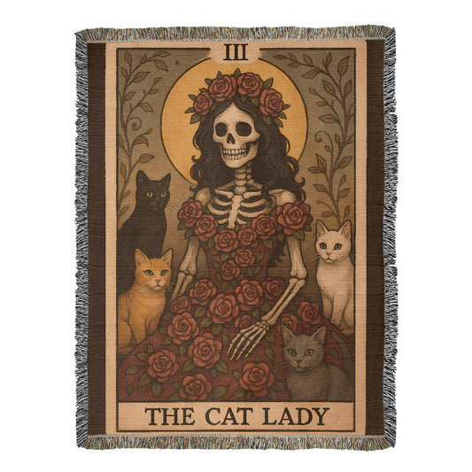 100% Cotton Woven Blanket – Gothic Skeleton Cat Lady Wearing Red Roses Gown with Four Cats, The Cat Lady Card Style
