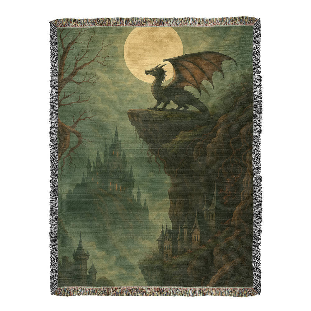100% Cotton Woven Blanket – Majestic Dragon on Rocky Cliff under Moonlight with Castle View