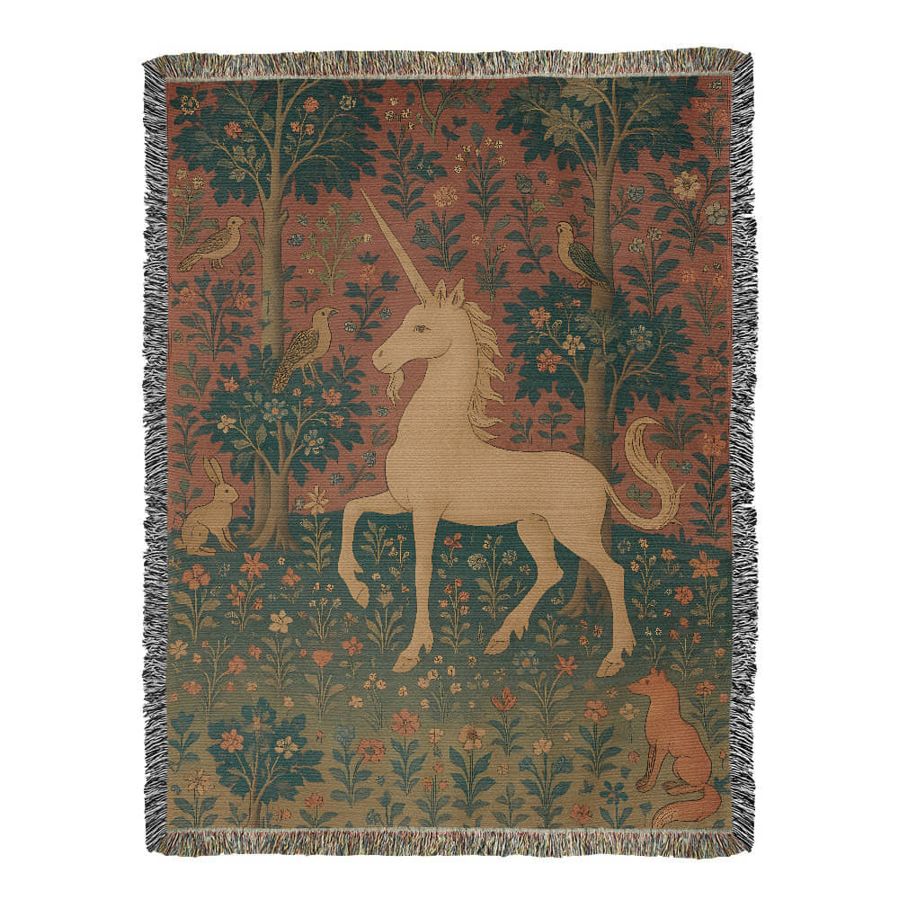 Premium Woven Cotton Throw – Enchanted Forest Unicorn and Fox Surrounded by Birds and Blossoms