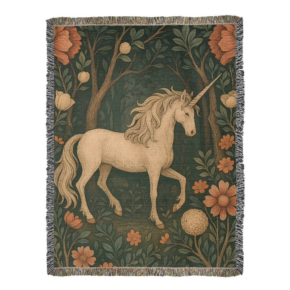 100% Cotton Woven Blanket – Magical Unicorn among Woodland Flowers