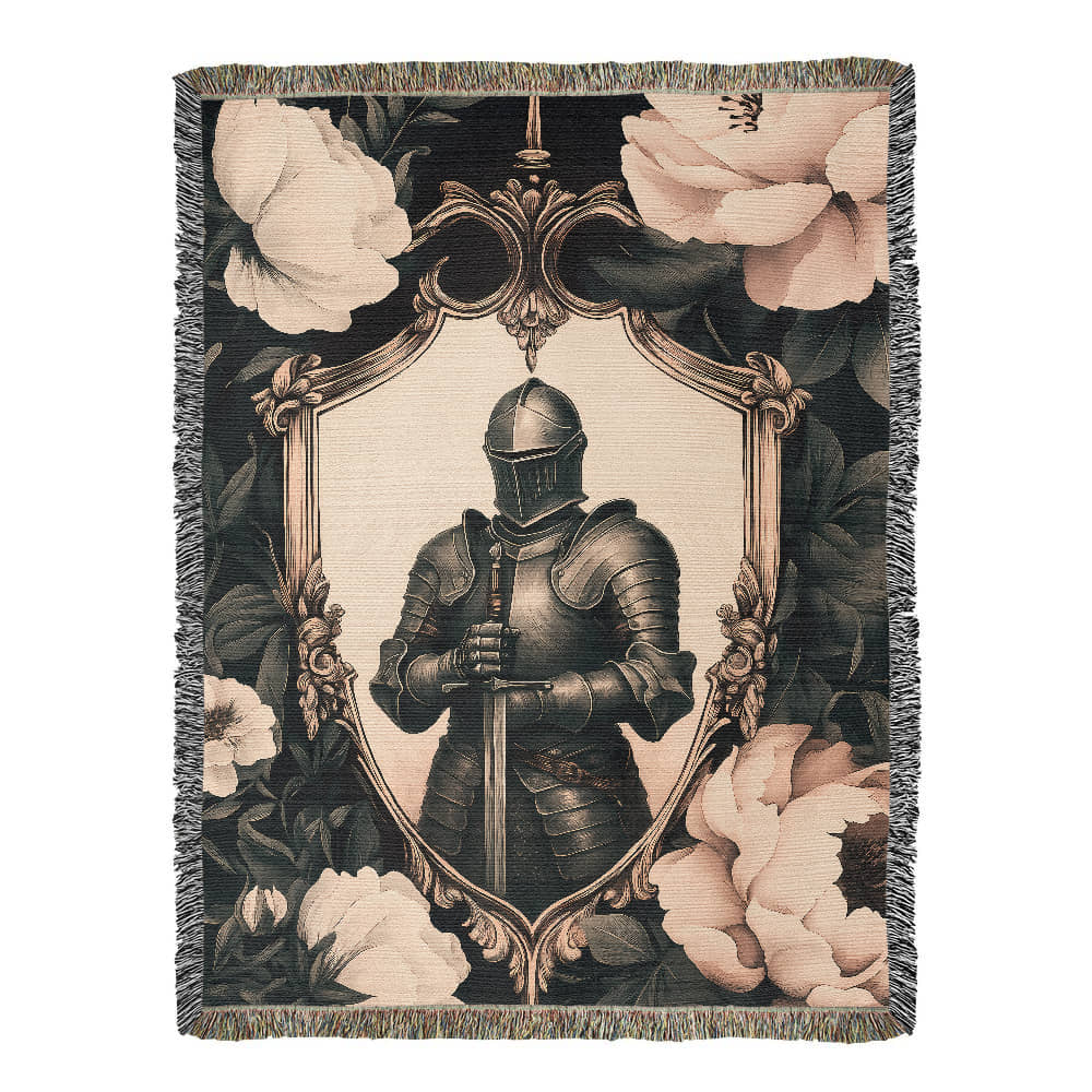 Premium Woven Cotton Throw – Knight Holding Sword in Heraldic Shield Frame