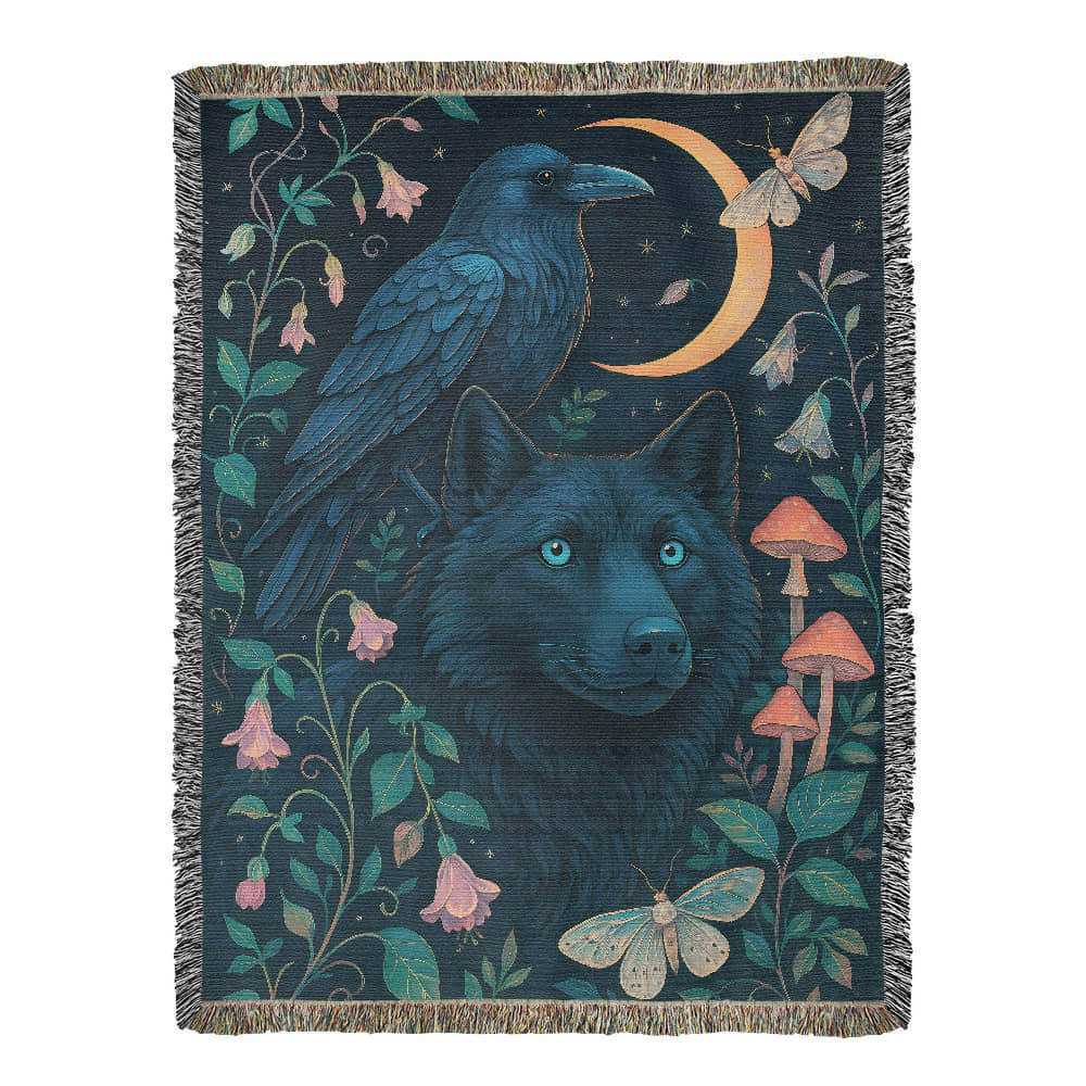 Premium Woven Cotton Throw – Enchanted Forest Scene with Black Wolf, Raven and Crescent Moon