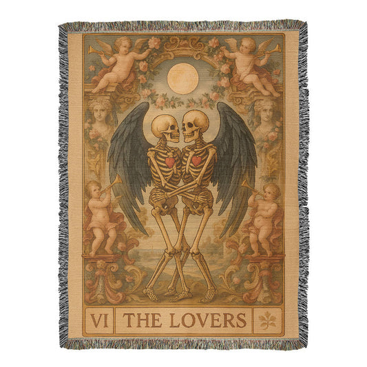 100% Cotton Woven Blanket – Gothic Skeleton Couple with Black Wings Surrounded by Cherubs, The Lovers Card Design