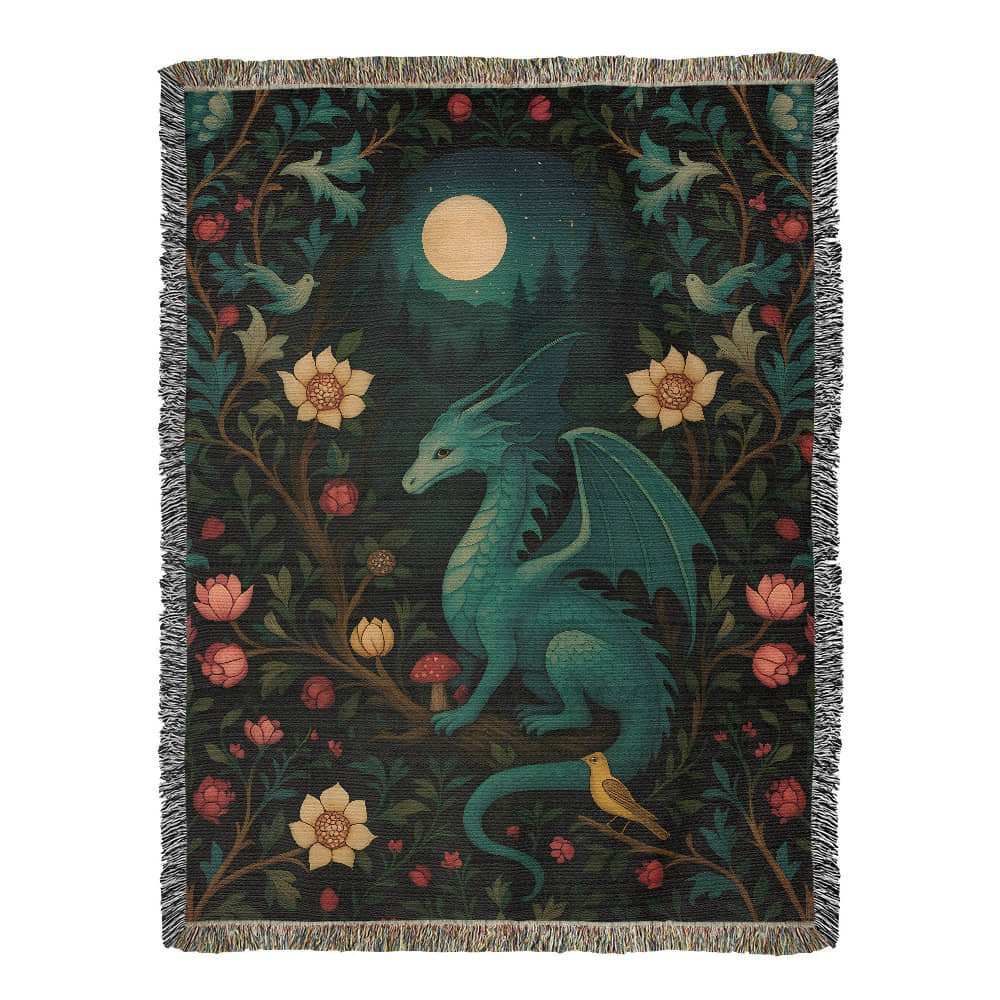 100% Cotton Woven Blanket – Magical Dragon in Moonlit Woodland Scene