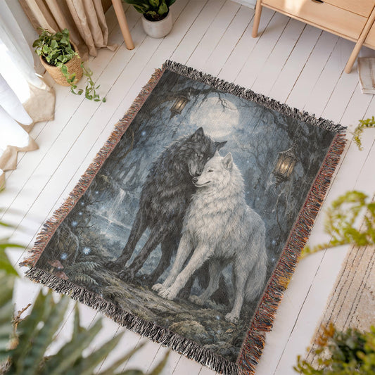 Wolf blanket featuring black and white wolves beneath a full moon displayed in a cozy living room