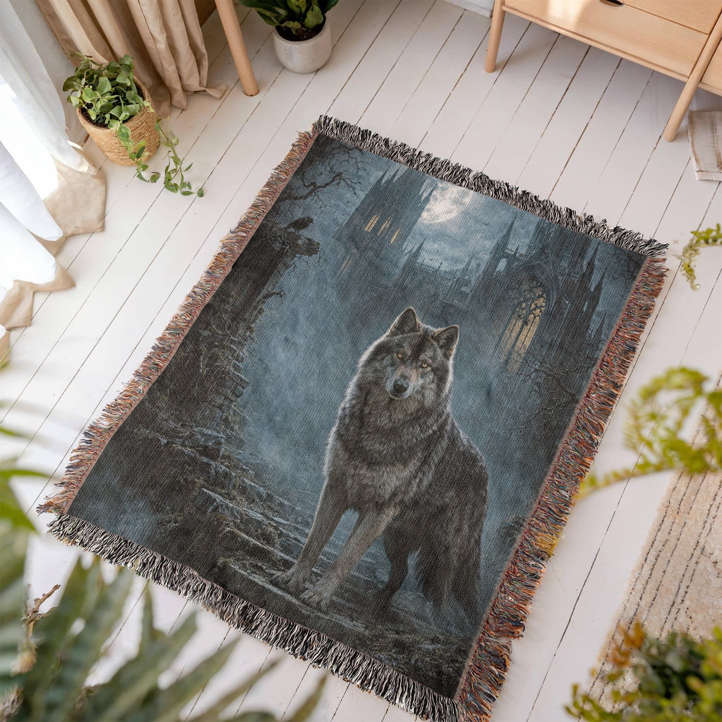 100% Cotton Woven Blanket – Wolf on Castle Steps under Full Moon