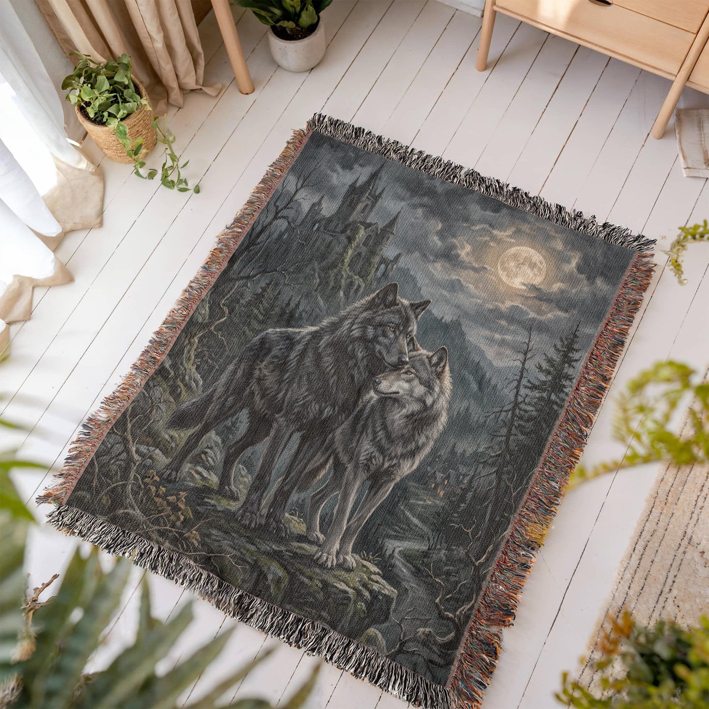 100% Cotton Woven Blanket – Gothic Wolf Couple on Cliff under Moon, Castle Village Scene, Dark Romantic Decor
