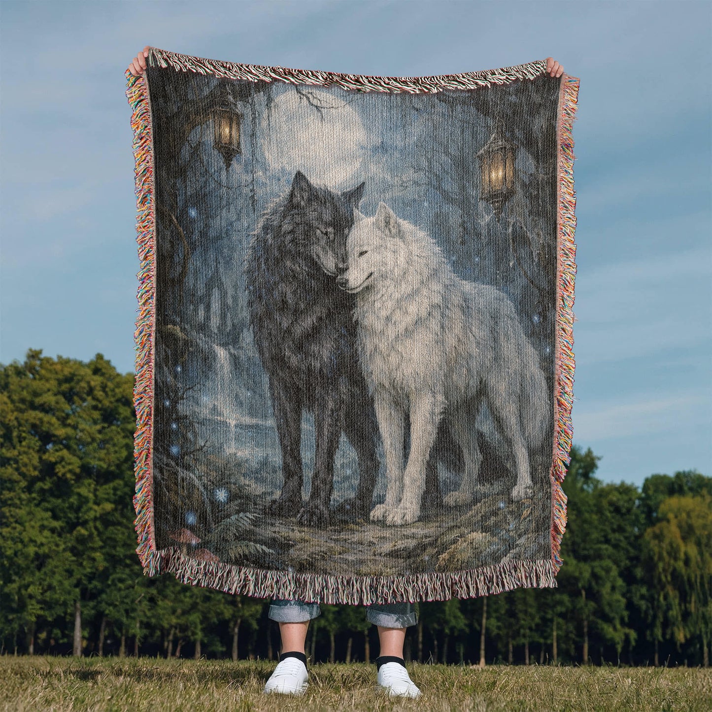 100% Cotton Woven Blanket – Black and White Wolves under Full Moon