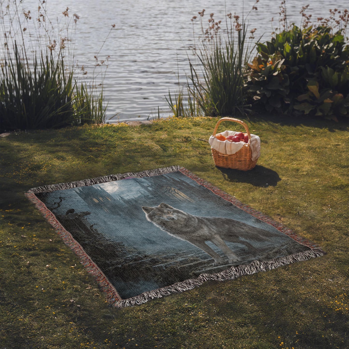 100% Cotton Woven Blanket – Wolf on Castle Steps under Full Moon