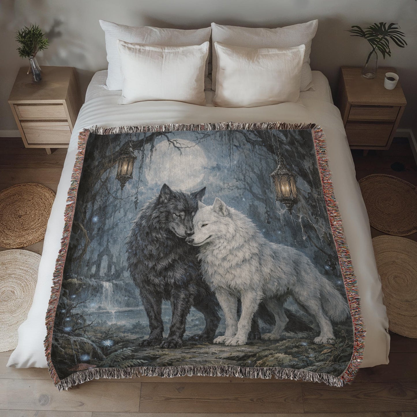 100% Cotton Woven Blanket – Black and White Wolves under Full Moon