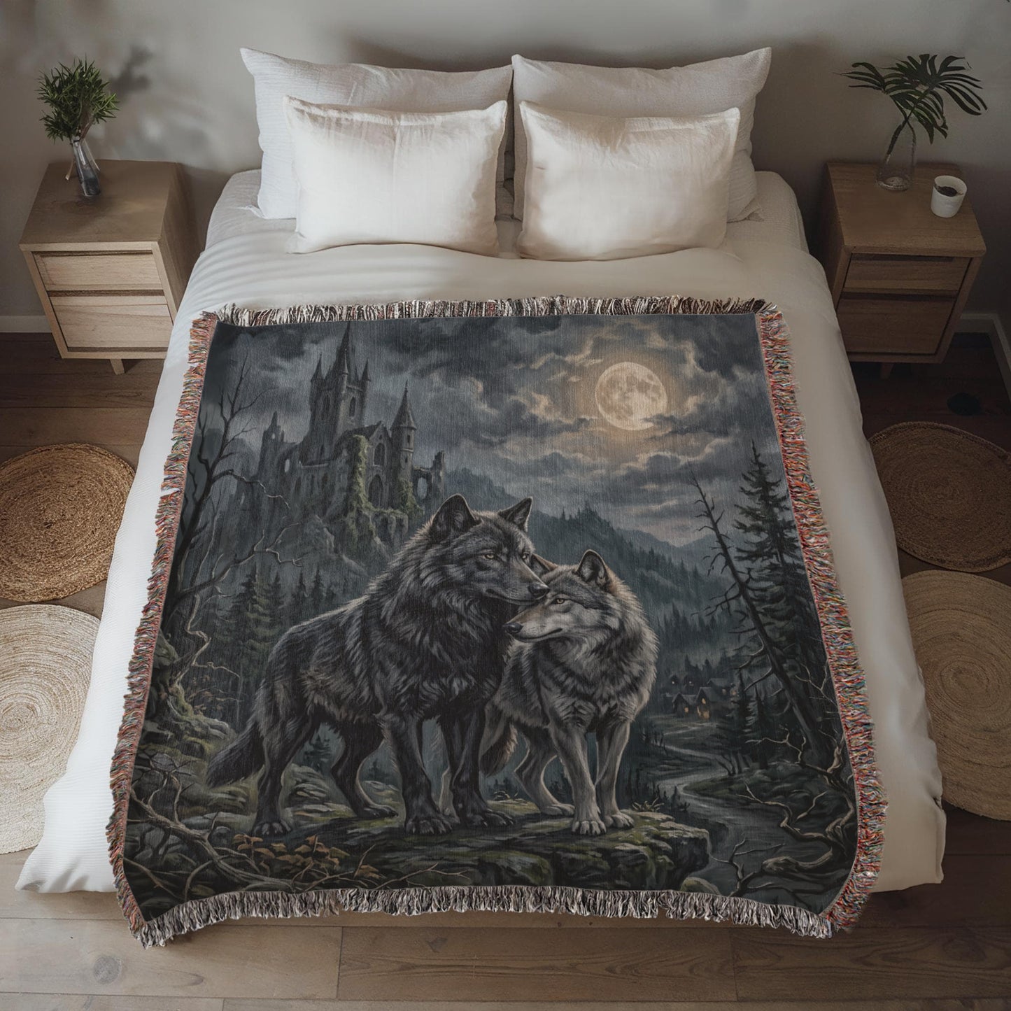100% Cotton Woven Blanket – Gothic Wolf Couple on Cliff under Moon, Castle Village Scene, Dark Romantic Decor