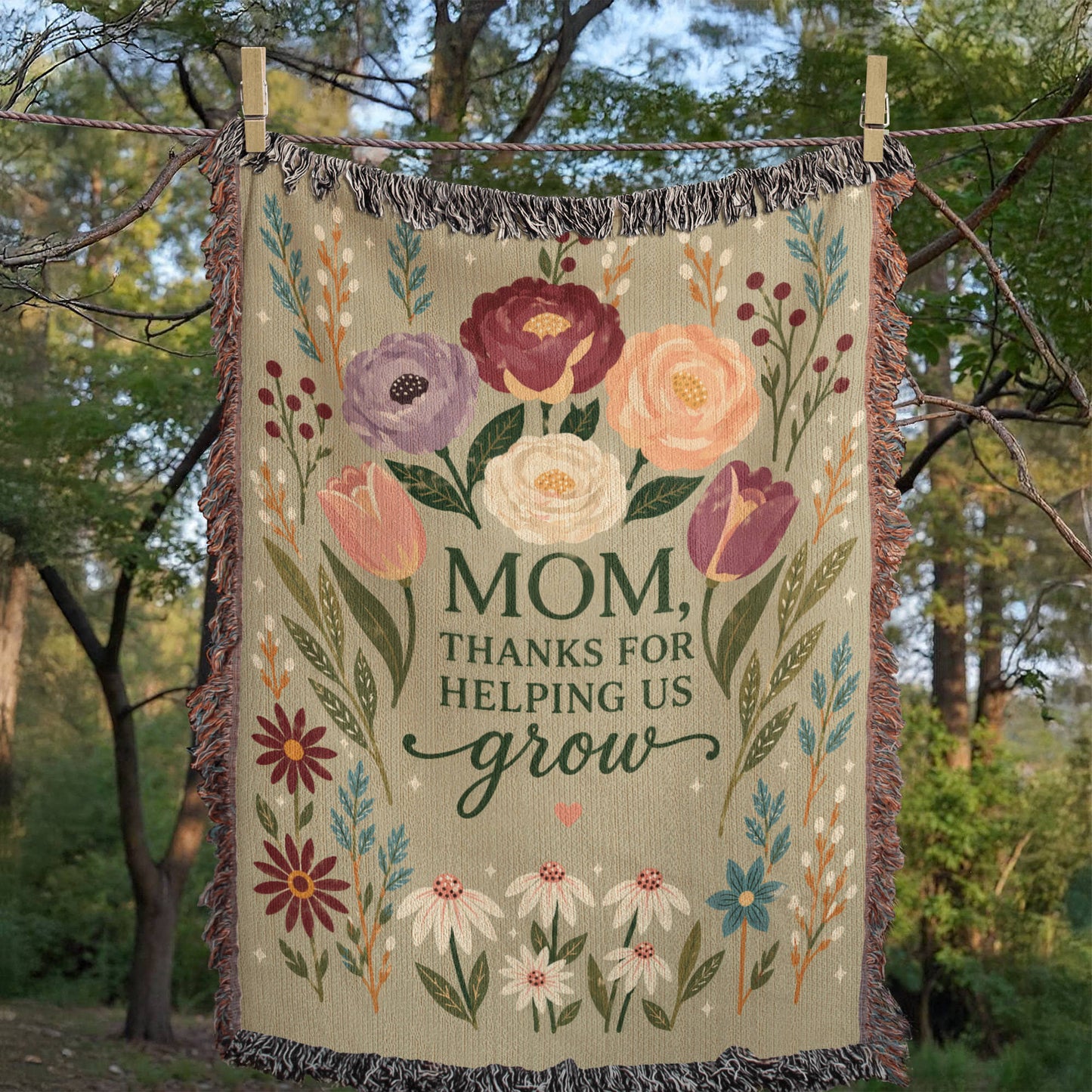 100% Cotton Woven Blanket – Mom Thanks for Helping Us Grow, Floral Mother's Day Throw, Gift for Mom