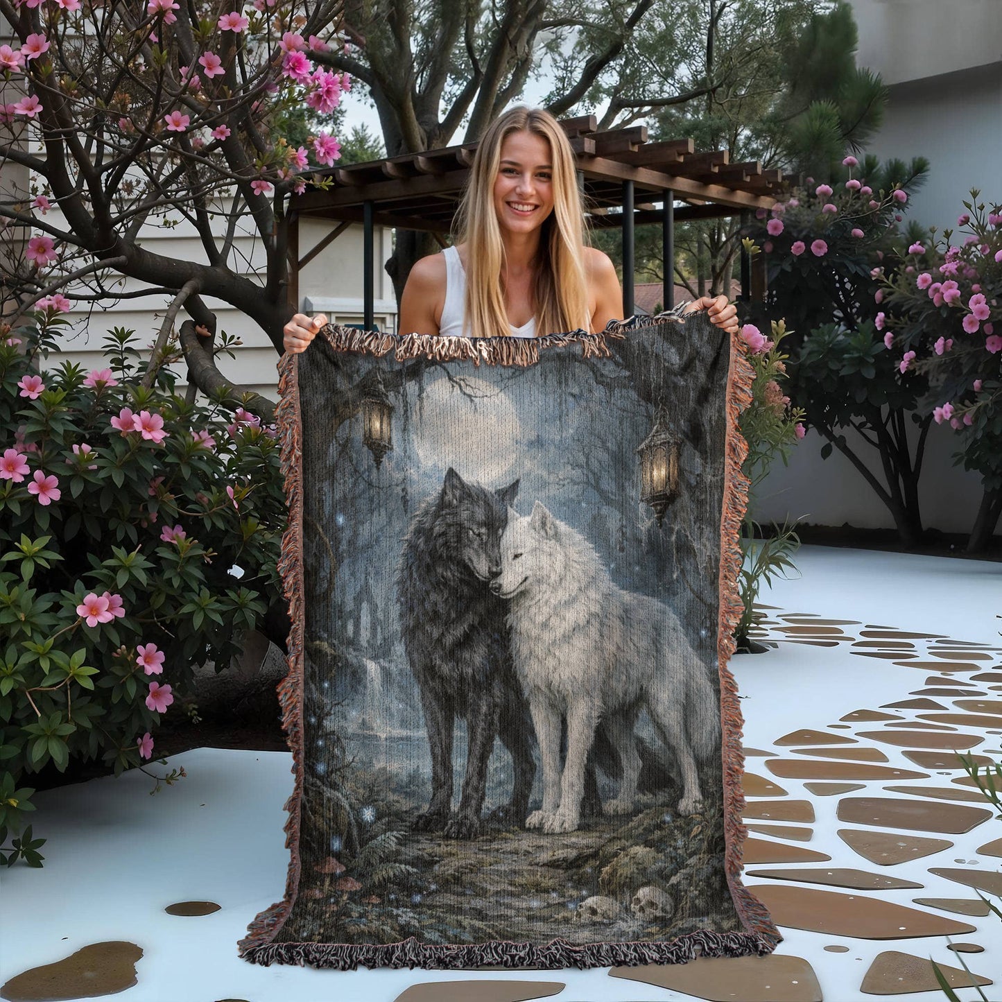 100% Cotton Woven Blanket – Black and White Wolves under Full Moon
