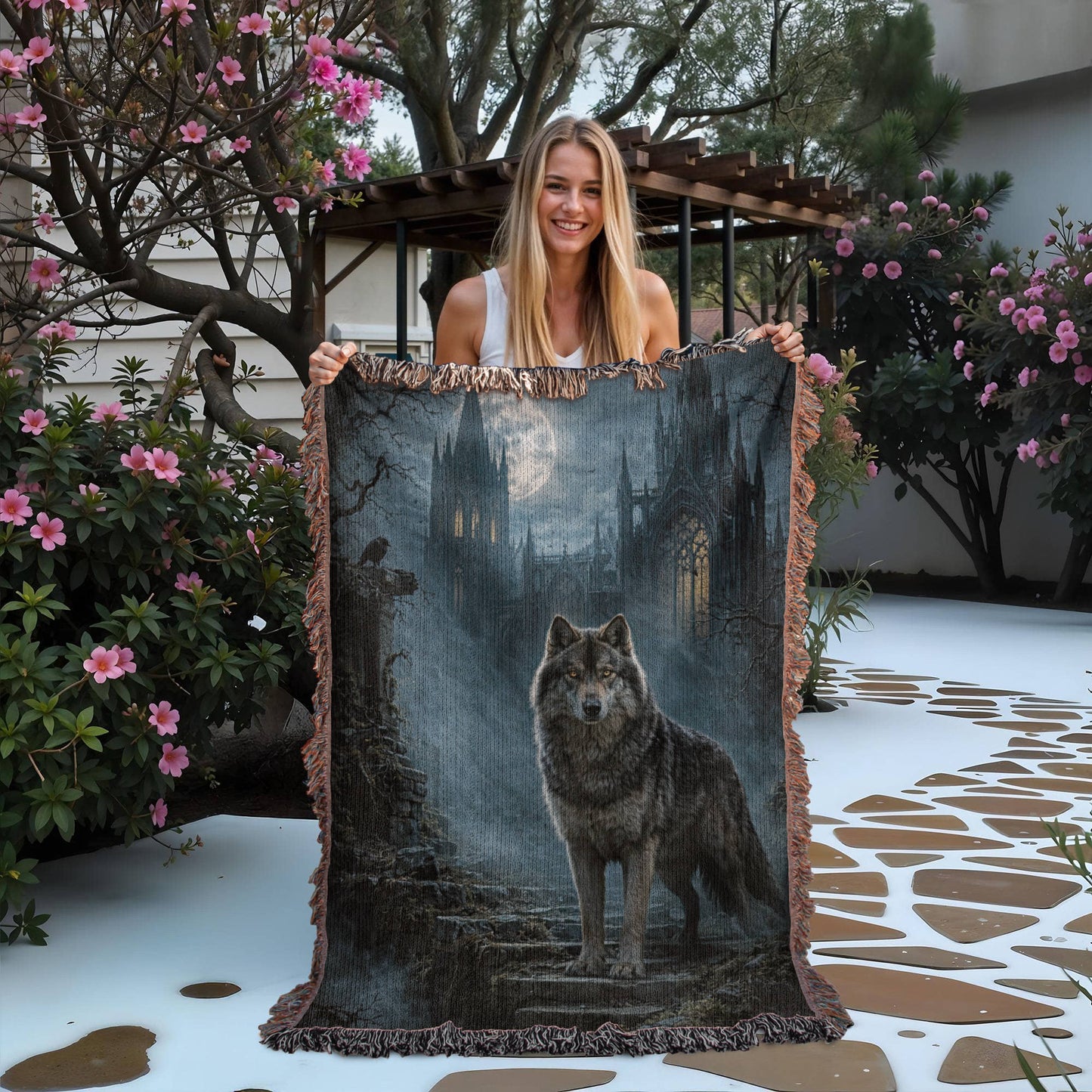 100% Cotton Woven Blanket – Wolf on Castle Steps under Full Moon