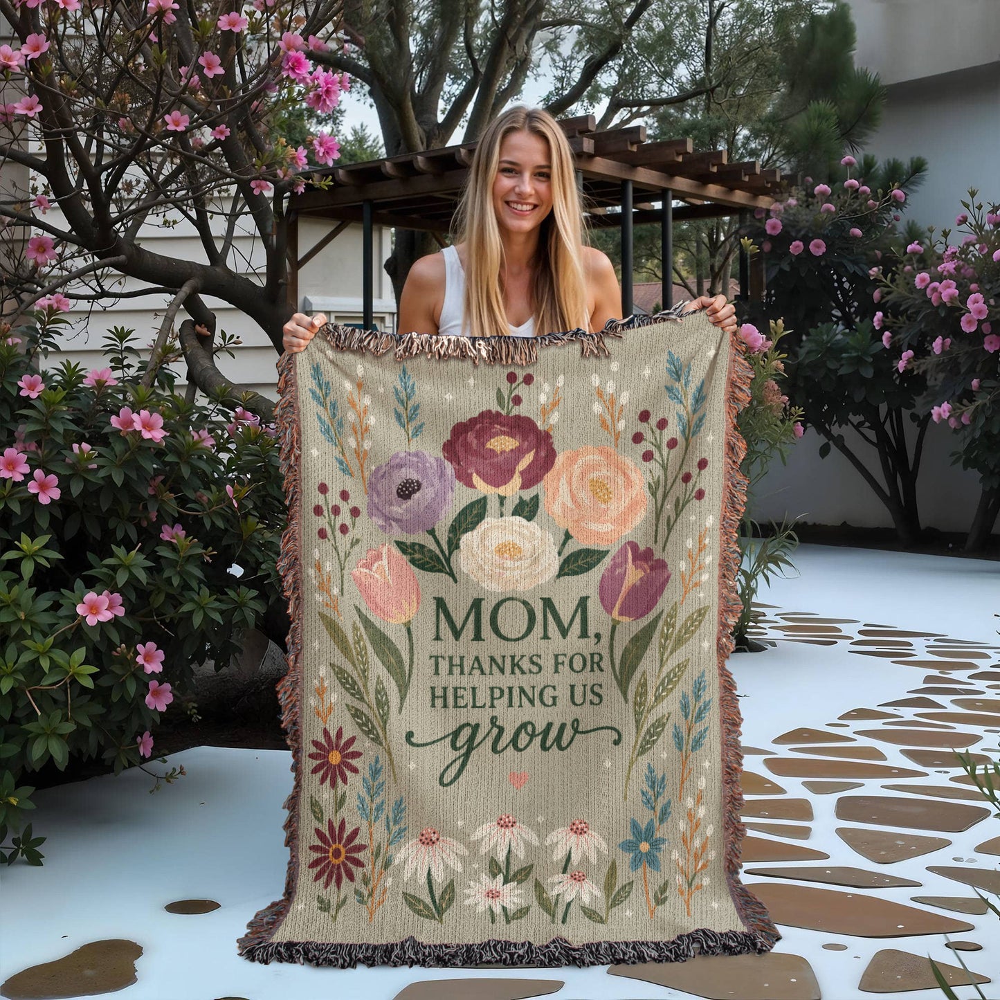 100% Cotton Woven Blanket – Mom Thanks for Helping Us Grow, Floral Mother's Day Throw, Gift for Mom