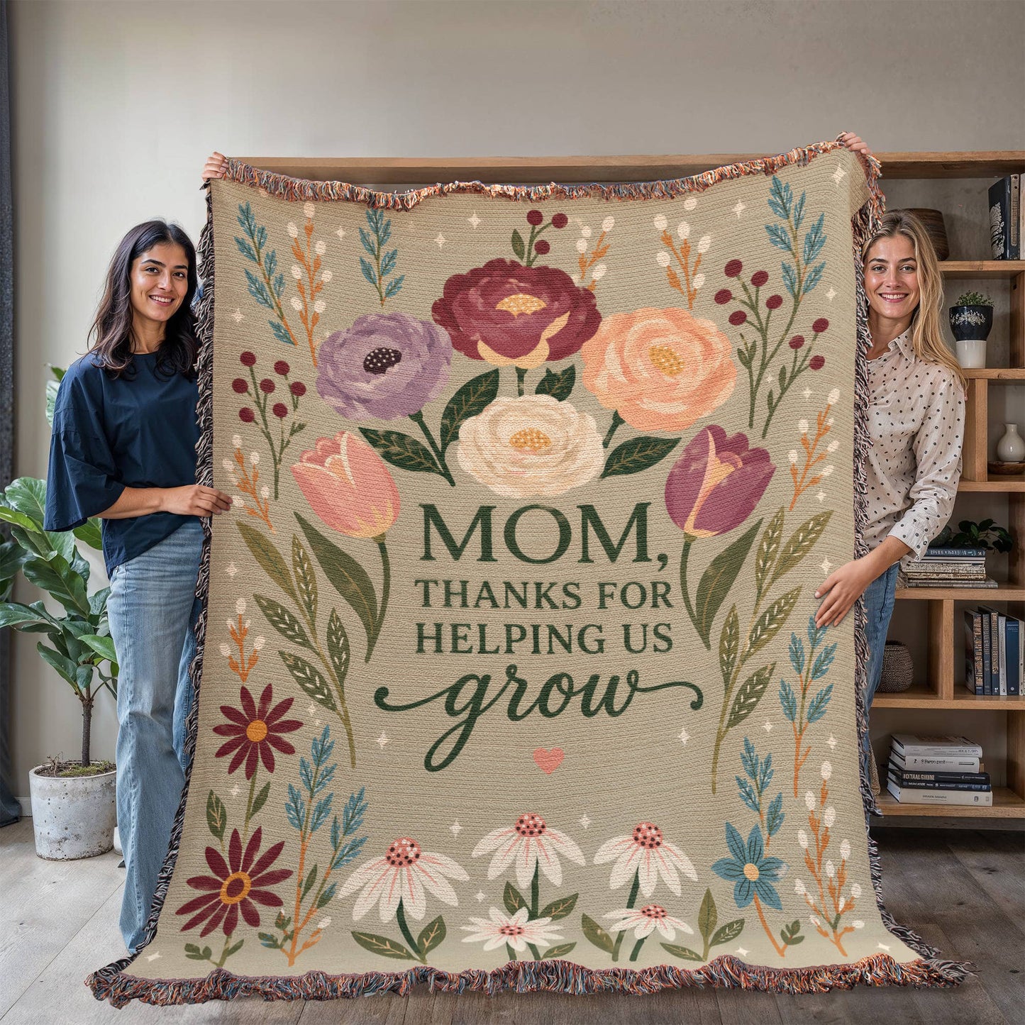 100% Cotton Woven Blanket – Mom Thanks for Helping Us Grow, Floral Mother's Day Throw, Gift for Mom