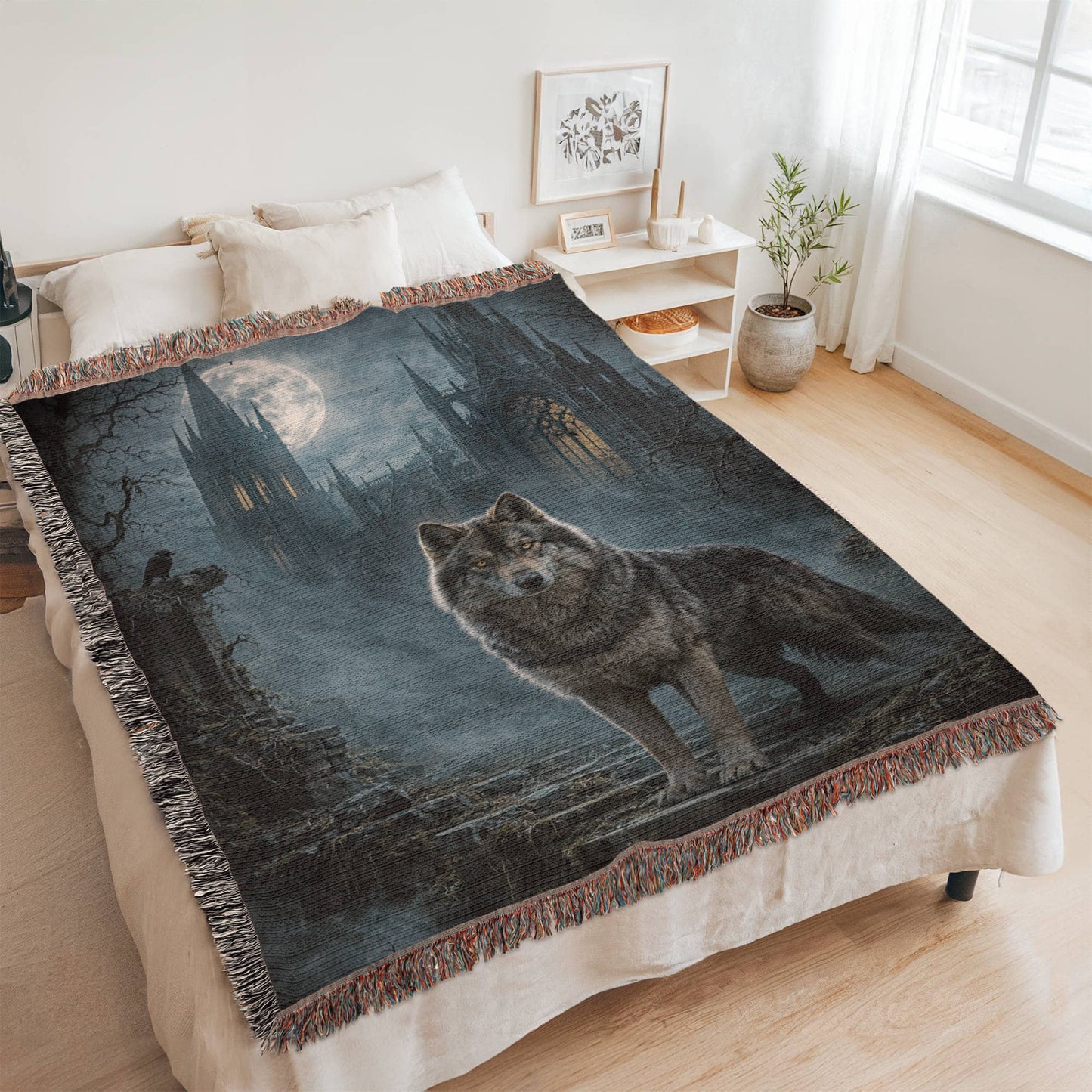 100% Cotton Woven Blanket – Wolf on Castle Steps under Full Moon