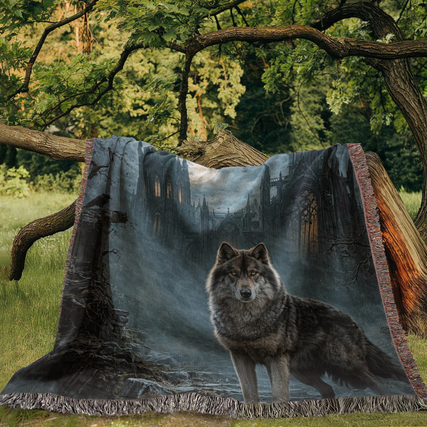 100% Cotton Woven Blanket – Wolf on Castle Steps under Full Moon