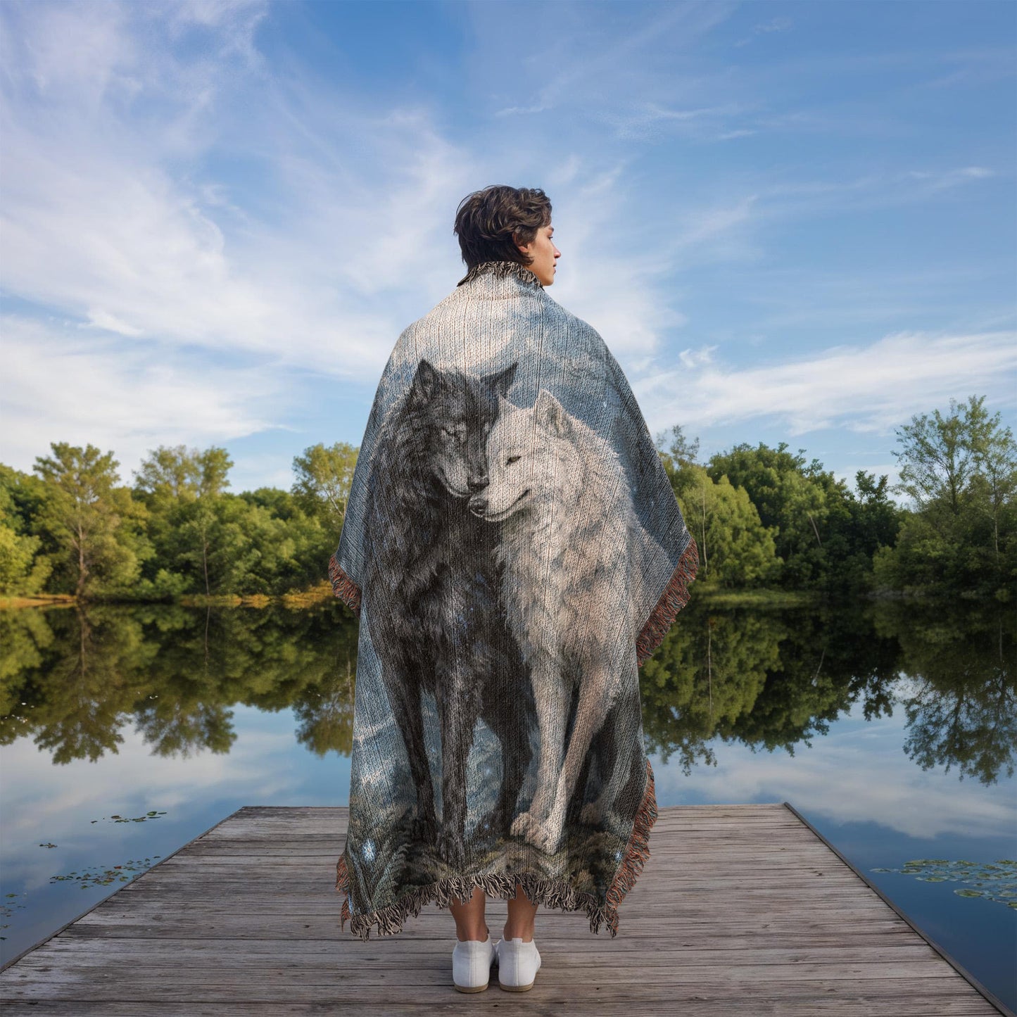 100% Cotton Woven Blanket – Black and White Wolves under Full Moon
