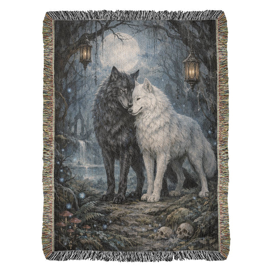 100% Cotton Woven Blanket – Black and White Wolves under Full Moon