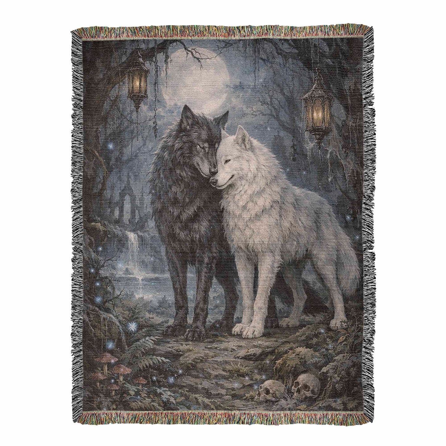 100% Cotton Woven Blanket – Black and White Wolves under Full Moon