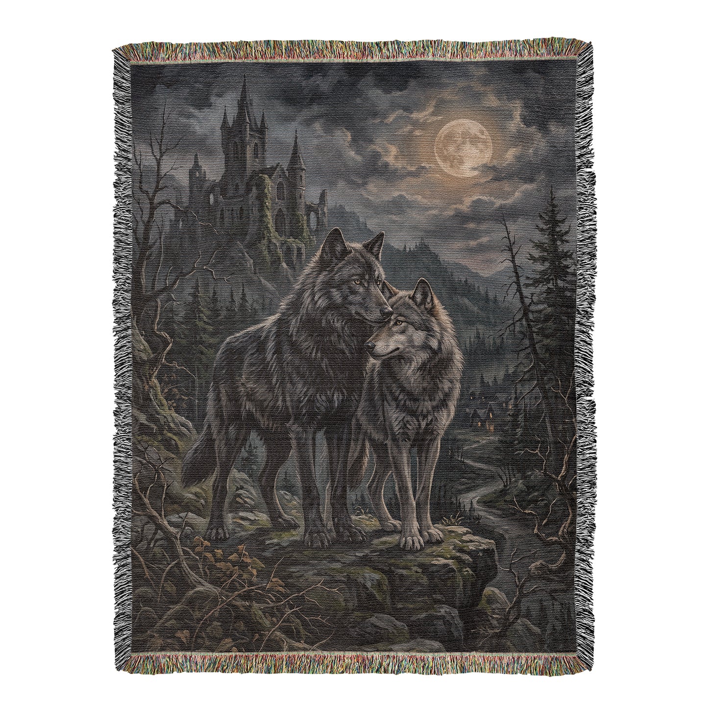 100% Cotton Woven Blanket – Gothic Wolf Couple on Cliff under Moon, Castle Village Scene, Dark Romantic Decor