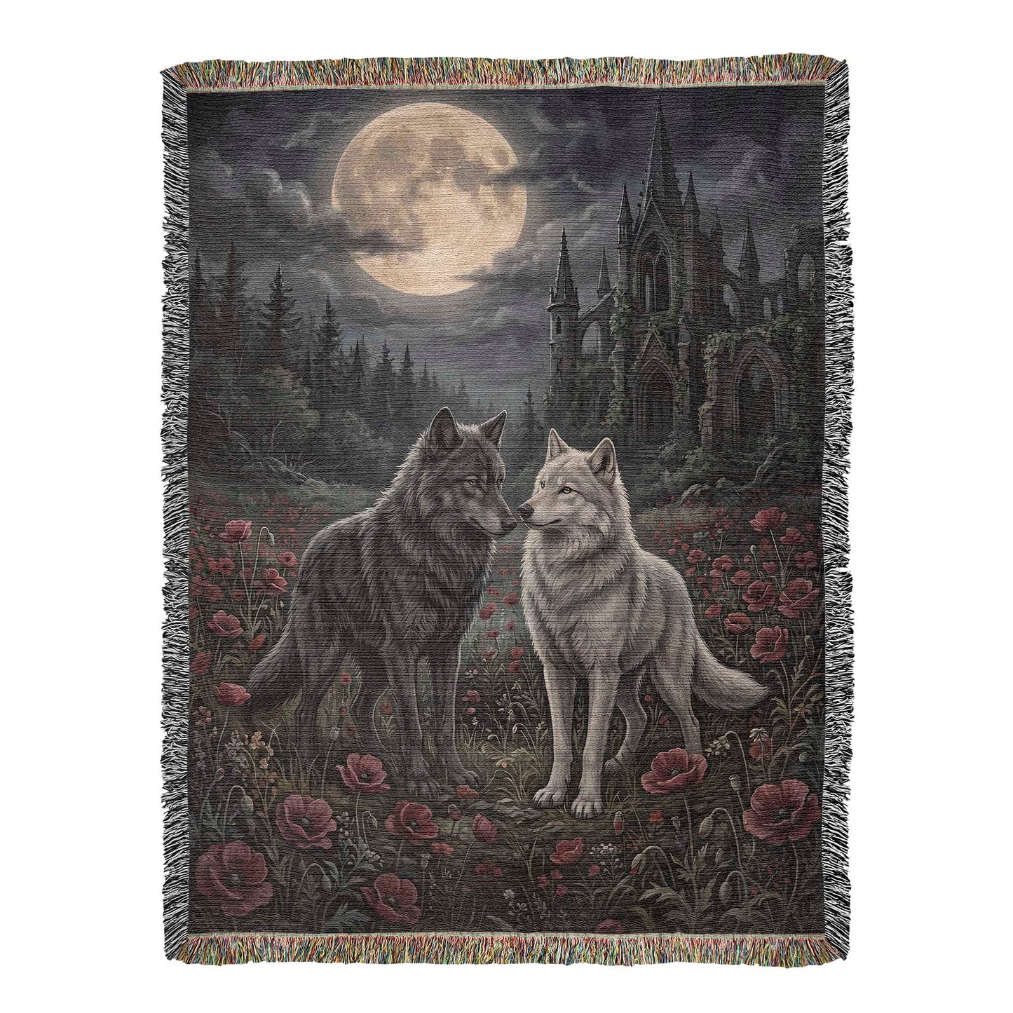 Gothic Wolf Couple Woven Blanket – Moonlit Castle, Poppy Field Tapestry