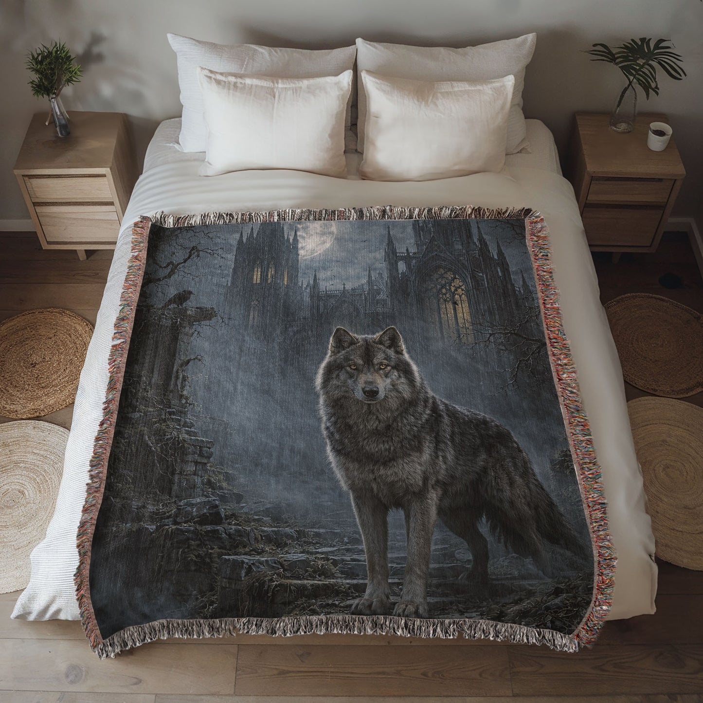 100% Cotton Woven Blanket – Wolf on Castle Steps under Full Moon