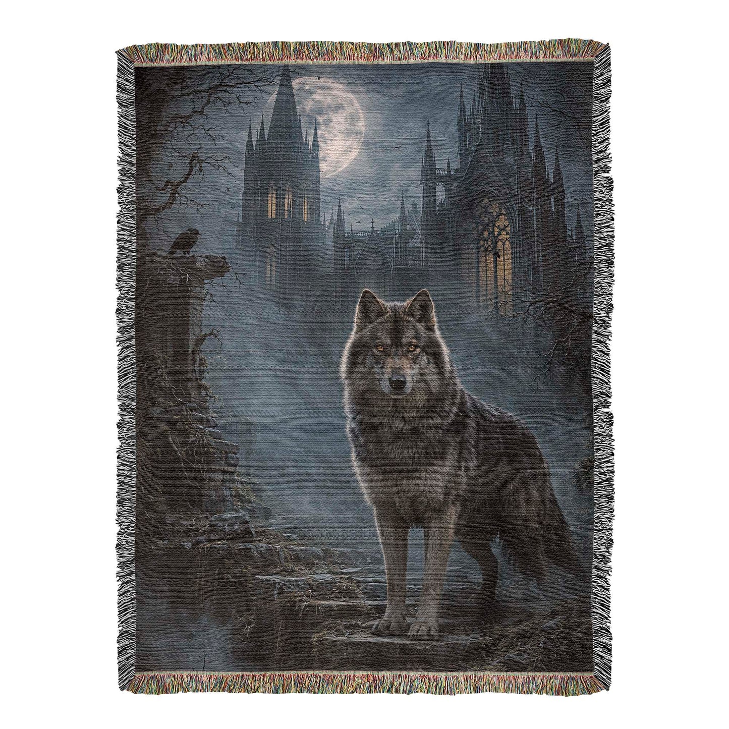 100% Cotton Woven Blanket – Wolf on Castle Steps under Full Moon