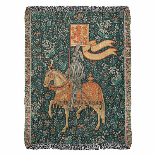 Premium Woven Cotton Throw – Knight Riding Horse with Battle Banner