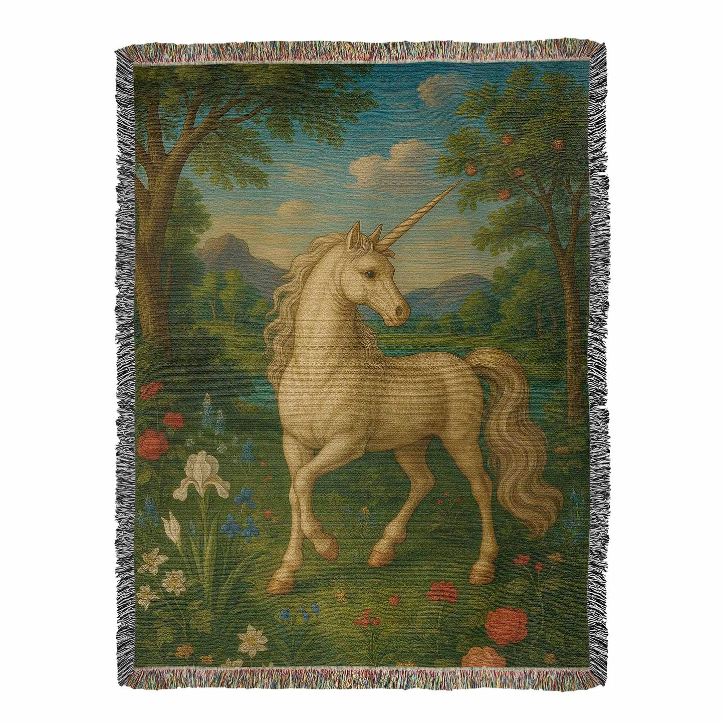100% Cotton Woven Blanket – Enchanted Unicorn in Floral Clearing with Mountain Backdrop and Clouds