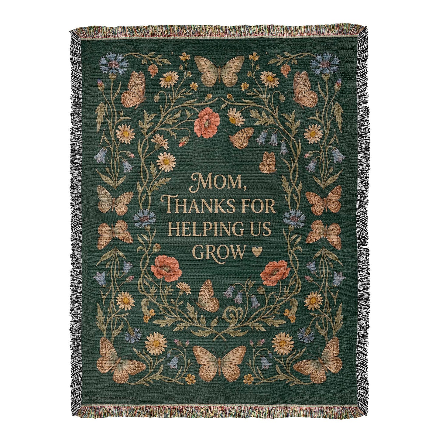 100% Cotton Woven Blanket – Mom Thanks for Helping Us Grow, Emerald Wildflower Throw Gift