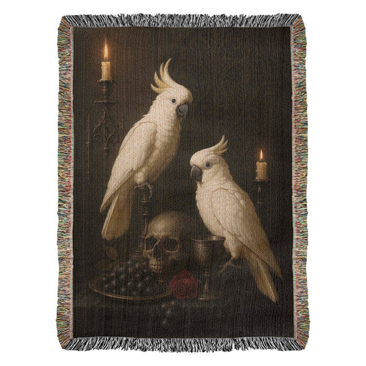 100% Cotton Woven Blanket – White Parrots on Table with Skull, Grapes, Rose and Bronze Chalice